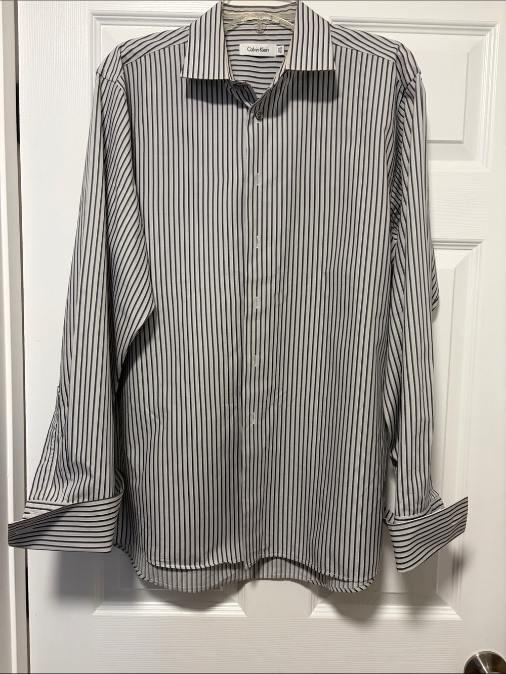 Calvin Klein Men's Black and Grey French Cuff Pinstripe Dress Shirt on White